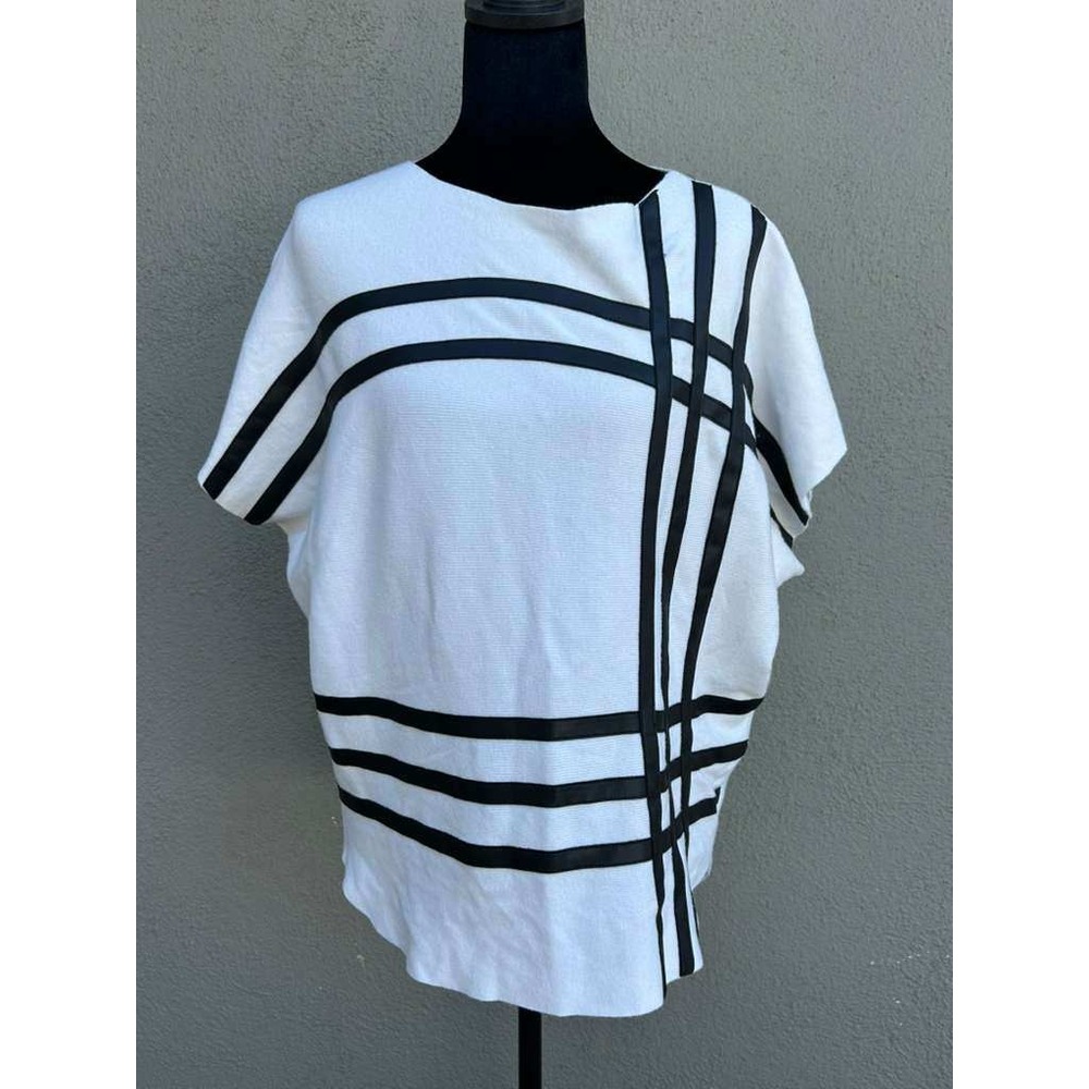 Sioni Milano White‎ Ribbed Knit Poncho Faux Leather Grid Trim Top RN 163742